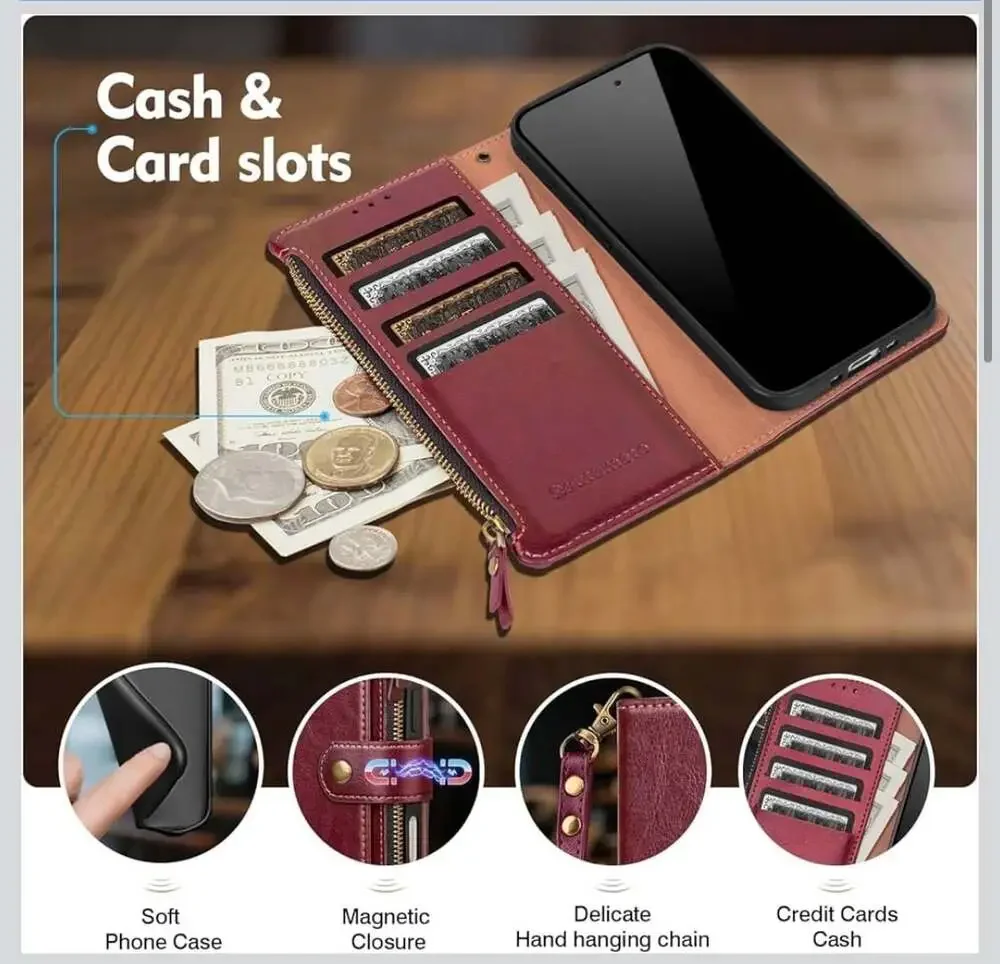 Scutumate RFID Blocking PU Leather Zipper Wallet Case with Card Slots and Wristl